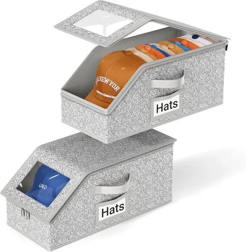 2-Pack Storage Boxes for Caps - Storage Solution for Up to 24 Baseball Caps - Stackable 2-in-1 Hat Box