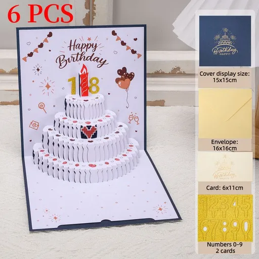 6-Pack - DIY Heart-Shaped Cake 3D Pop-Up Birthday Cards, Two-Color Papercut Foldable Greeting Cards - Blue