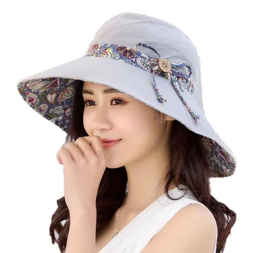 Wide Brim Sun Hat for Women Foldable Floppy Beach Cap with Bow Travel Style - Grey