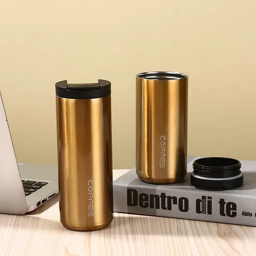 Gold Sleek Insulated Stainless Steel Coffee Tumbler Set (400ml & 500ml) - One-Touch Lid Travel Mugs