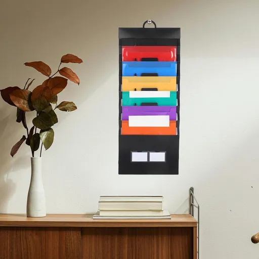 Portable Black Accordion File Organizer with 6 Pockets, Wall-Mount Hanging Folder for Office Document Storage and Filing
