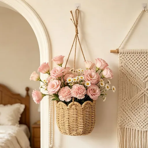 Wicker Wall Basket Hanging Storage Basket Woven Decorative Organizer for Flowers, Plants, Trinkets, Small Items - Straw Weave for Home Kitchen Bathroom Living Room Wall Decor, 15.7 x 7.8 Inch