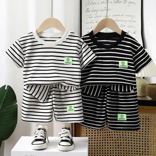 Kunxi Beibei Boys Girls Summer Striped T-Shirt... Korean-style black striped suit 120cm