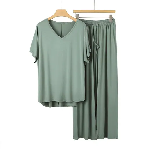 Bean Green Women's Modal Lounge Set Pink V Neck Short Sleeve Top and Wide Leg Pants, Lightweight Breathable Summer Sleepwear, Relaxed Homewear for 45-72.5 kg