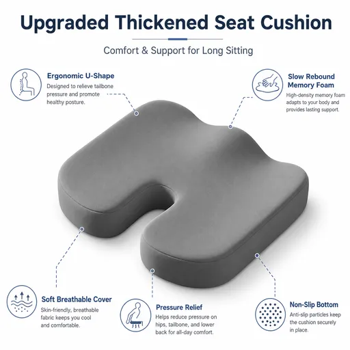 Grey Memory Foam Seat Cushion - 45 x 36 x 7 cm Milk Silk Removable Cover, Portable Chair Pad for Office, Car, Flights and Stadium Seating