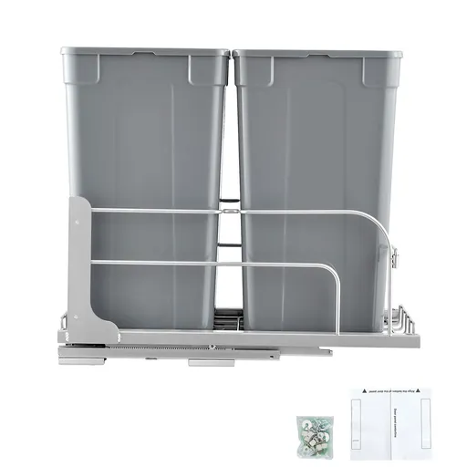 Pull-Out Trash Can, 27 QT x2 Double Under Mount Kitchen Waste Container, Heavy Duty Garbage Recycling Bin with Door Kit and Soft Close Slide, for Kitchen Cabinet, Sink, Under Counter (Grey)