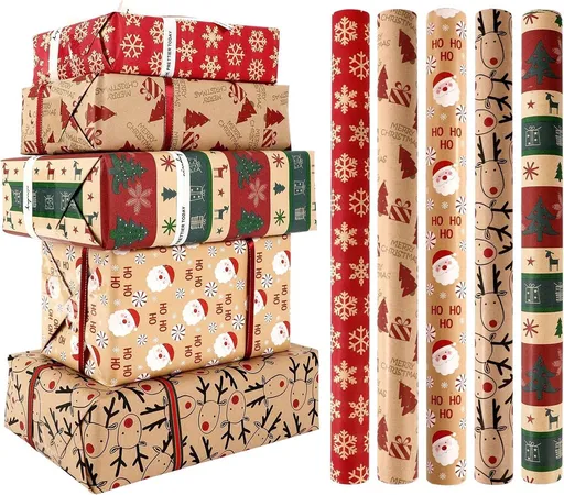 5 Roll Christmas Wrapping Paper - Christmas Wrapping Paper Rolls - Christmas Paper Wrapping Paper For Christmas - 17 inch x 50 Feet Mini Kraft Sheet Set - Christmas Gift Wrapping Paper Small, Merry Christmas Gifts Decoration