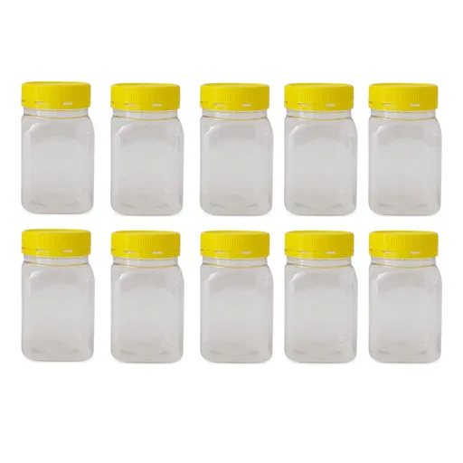 10x 500g Plastic Honey Jars + Lids - Square Clear Food Grade Packaging Containers