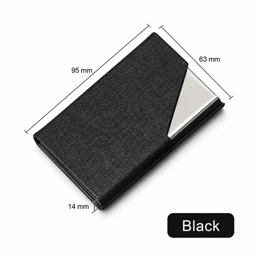 Black Stainless Steel and PU Leather Business Card Holder - 95mm x 63mm - Magnetic Flip Cover, Velvet Lining, Professional Office Accessory