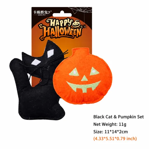 Delight your feline friend this spooky season with our Halloween-themed catnip toys, featuring plush skeletons, mummies, and pumpkins that awaken your cat’s playful instincts for hours of self-amusing fun. (Black Cat & Pumpkin Set)