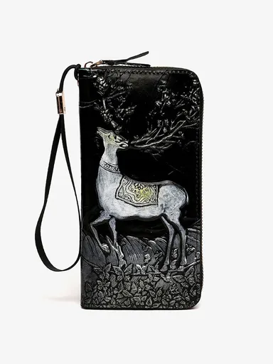 Vintage Embossed Deer Mountain PU Clutch Bag, Multi-Card Slot Large Capacity Fits Phone, Handheld Shoulder Crossbody, Polyester Lining.(black)