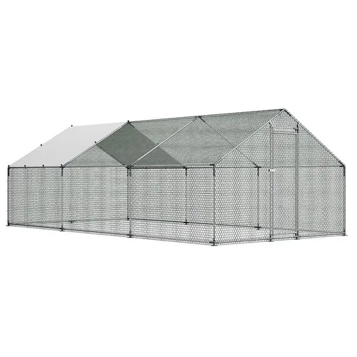 Large Metal Chicken Coop With Run 3 x 8 x 2m Walk-In Poultry Pen With Cover