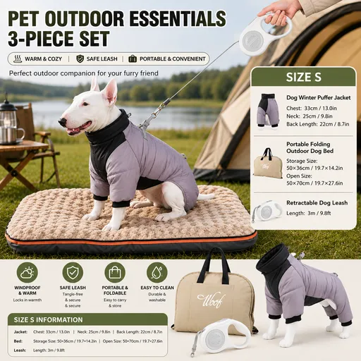 3-Piece Grey Winter Pet Outdoor Travel Set – grey s size Reflective Dog Puffer Jacket, grey 3m Retractable Leash & grey Portable Foldable Dog Bed