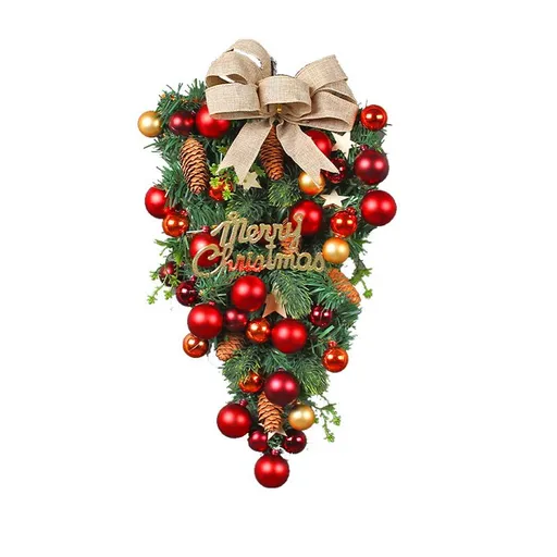 Christmas Wreath Artificial Teardrop 18.5 Inches Decorative Wall Hanging Ornament with Christmas Balls Pine Cones Berry Clusters and Ribbon Bows