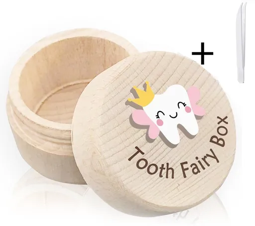 Tooth Fairy Box Wooden Keepsake Case With Lid And Mini Tweezers For Kids Baby Teeth Storage Gift Natural Wood Round Small Size