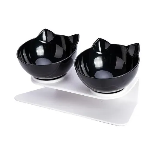 Double Cat Dog Bowl Elevated Pet Feeder Stand Raised Food Water Feeding Dish - Black+Black