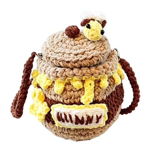 Honey Jar Purse Crochet Shoulder Bag, Woven Knitted Cute Mini Crossbody Flap Bags with Bee and Flower Handmade Bucket Bag