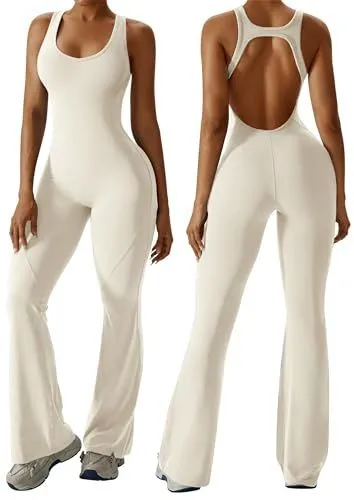 Women's Cut-out Back Flared Jumpsuit, Perfect for Yoga, Gym, Workout and Loungewear, XL (beige)