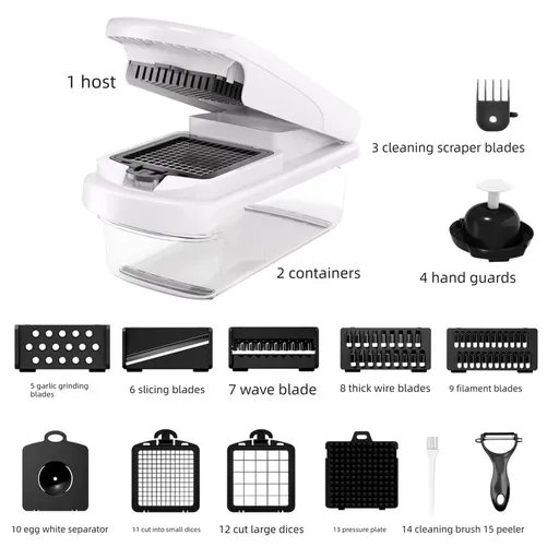 White Multifunctional Vegetable Slicer – Manual Kitchen Cutter with Adjustable Blades for Slicing, Dicing, Shredding, Garlic Grinding, and Egg White Separation