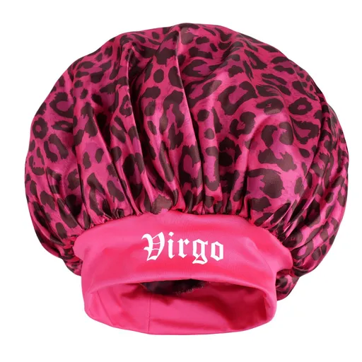 Virgo -Rose Red Leopard Print Satin Sleep Bonnet - Large Size Hair Protection Cap with Elastic Band, Soft Lined for Curly Hair, Night Wear and Spa Use