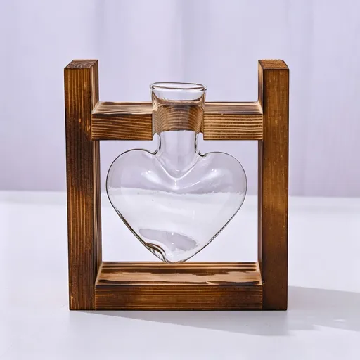 Single Heart Shaped Glass Vase with Snap-Fit Wooden Stand | Christmas Romantic Mini Gift | Cute Hydroponic Plant Container Sweet Desktop Ornament