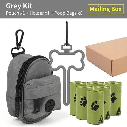 Carry Your Pup’s Mess in Style with a Durable Oxford Fabric Poop Bag Dispenser Set, Featuring a Bone-Shaped Hook, Carabiner Clip, and Six Refill Rolls of 0.6mil Thick Leak-Proof Waste Bags for Effortless Walks and Clean Outdoor Adventures. (Grey)