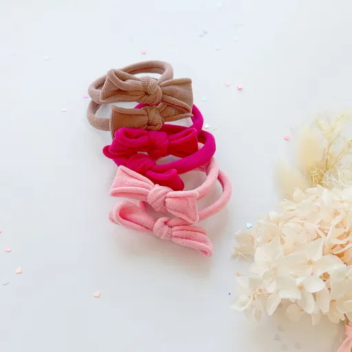 Handmade Simple Bow metal free hair ties -Pink - 3 Pairs Pink