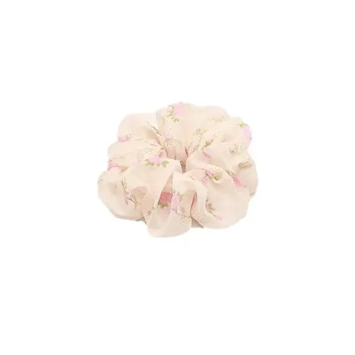 Flower Embroidery Mesh scrunchies Women romantic Cream Chiffon Hair Ponytail - Beige