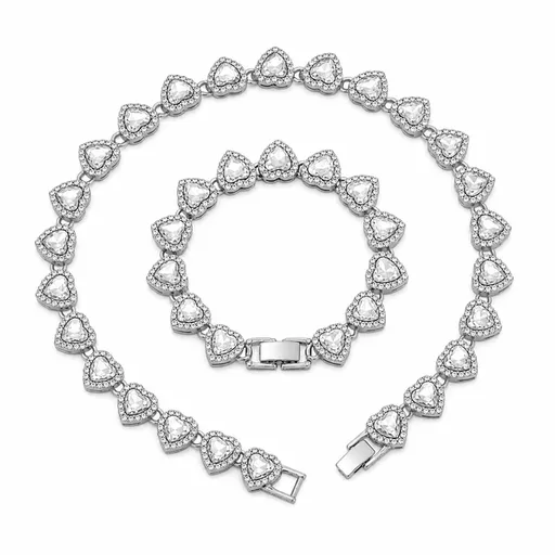Silver-Plated Heart Rhinestone Cuban Link 18 inch Tennis Necklace and 7 inch Tennis Bracelet Set for Women, Crystal Heart Chain Fashion Jewelry Accessories with Gift Box