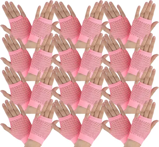24 Pair Fishnet Gloves Fingerless Wrist Length 70s 80s Costume Party Light Pink