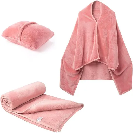 3-in-1 Portable Travel Blanket / Pillow / Wearable Shawl with Snap & Envelope Folding Design - 230GSM Soft Flannel Thickened Nap Blanket for Airplane Office Home, Space Saving & Machine Washable, Pink 40 x 60 inch