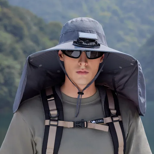 Dark Grey Outdoor Solar Fan Sun Hat - Large Brim Fishing Hiking Hat with Neck Cape