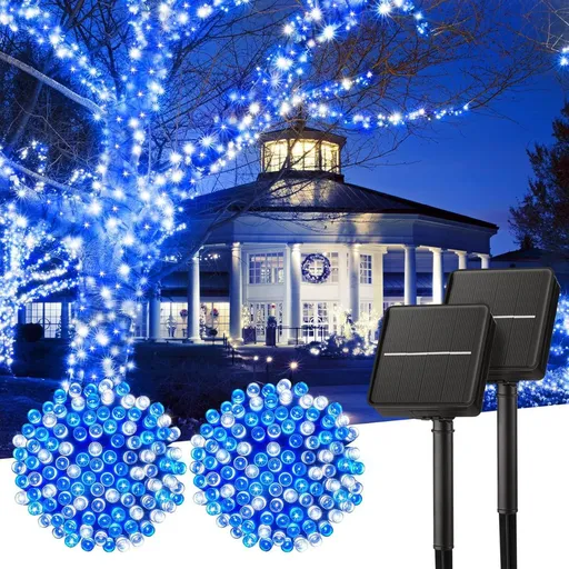 Solar String Lights Outdoor, 2 Pack LED Solar Outdoor Lights | Solar Fairy Lights with 8 Lighting Modes, Waterproof Solar Christmas Halloween Lights for Outside Tree Garden Balcony Gazebo Party - Blue - Size 40ft 100-LED String Light