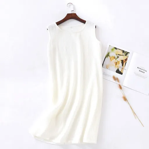 Women Cotton Sleeveless Nightgown Mid Skirt Summer White