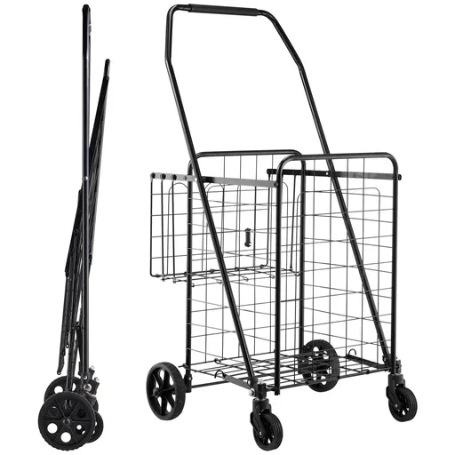 Shopping Cart, Folding Grocery Utility Cart with Dual Baskets, Waterproof Liner & Wheels, 45 KG Large Load Capacity, Heavy Duty Laundry Basket for Laundry, Shopping, Camping, Grocery, Luggage