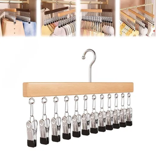 Wooden Hat Organizer, 12-Clip Space Saving Storage, 360 Degree Rotating Strong Grip for Closet Hats, Pants, Leggings and Scarves