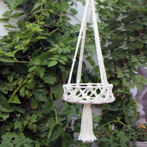 Woven Hanging Shelf | Indoor Planter Display Rack | Floating Shelf for Plants & Flowerpots | Nylon String Storage Fence | 80x20cm Beige Wall Organizer