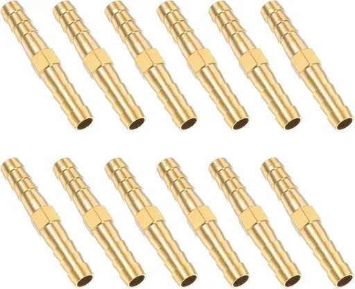 1/4 Inch Hose Barb Fitting, 12 Pcs Brass Splicer Mender Barbed Connector Air Hose Fittings Metal Air Line Repair Kit Garden Straight Watertight Hoses Connectors for Water, Fuel, Oil