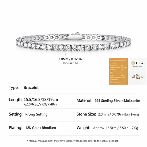 Elegant Moissanite Tennis Bracelet in 925 Sterling Silver with 18K Gold and Rhodium Plating, Featuring Certified Sparkling Stones for Daily Wear and Formal Occasions, Available in Multiple Lengths and Stone Sizes (2.0mm, 16.5cm（6.5in）)