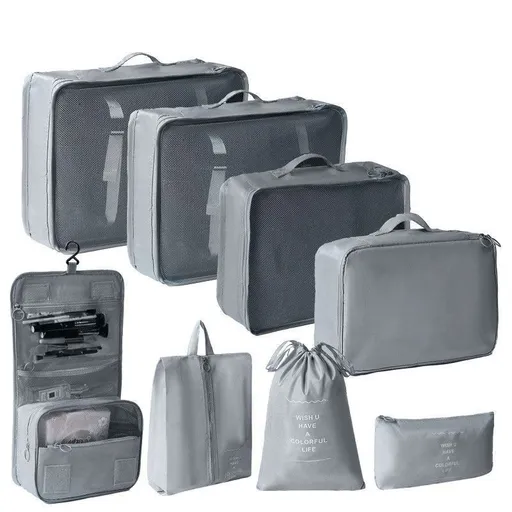 Multi-Function Travel Clothes Storage Bags, 8 Pcs Suitcase Organizer Kit Including Hanging Toiletry Bag, Grey, Thoughtful Family Travel Gift