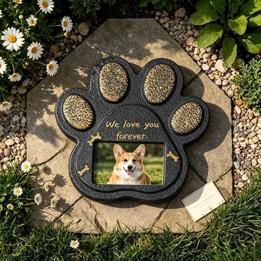 Pet Memorial Headstone for Dog Cat Resin Cement Pet Grave Marker with Photo Frame Paw Print Heart Tombstone Customizable Picture Slot Pet Memorial Plaque for Outdoor Garden Backyard - Black - Size 15*15cm