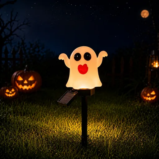 Halloween Solar Pathway Lights Set, 3 Spooky Designs Including Pumpkin with Witch Hat, Cute Ghost, and Faux Campfire, Warm Glow, Auto On/Off, Waterproof Solar Stake Lights for Outdoor Garden Yard Path Decor (Ghost, 2PCS)