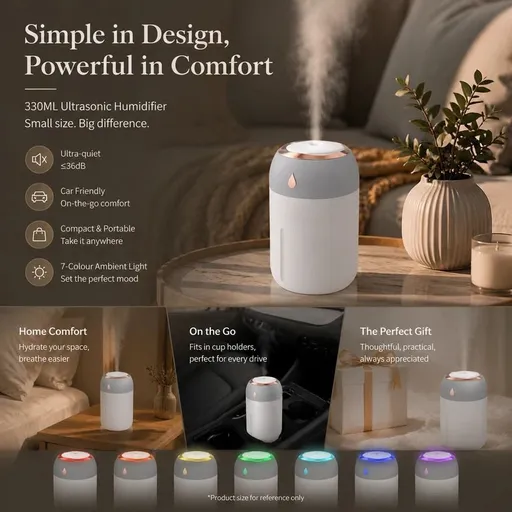 USB Colour Light Mini Humidifier 330ML Grey, Stocking Filler Gift