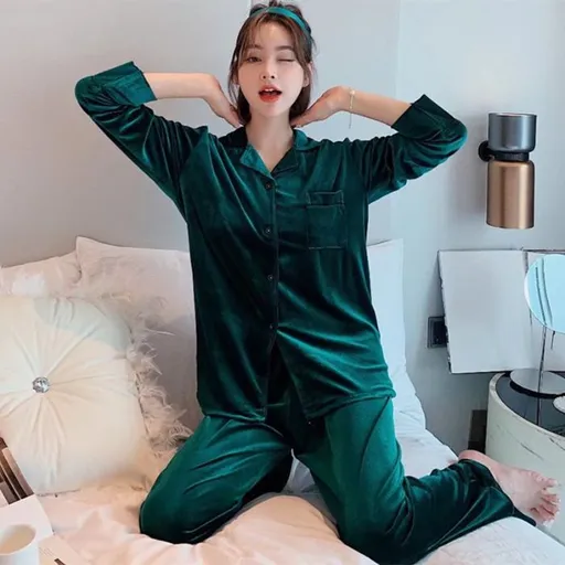 Women Winter Velvet Sleepwear Set Long Sleeve 096# Green Female 3xl