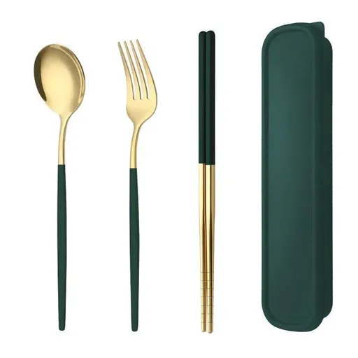 5PC Stainless Steel Portable Cutlery Set - Fork Spoon for Travel & Picnic - Green