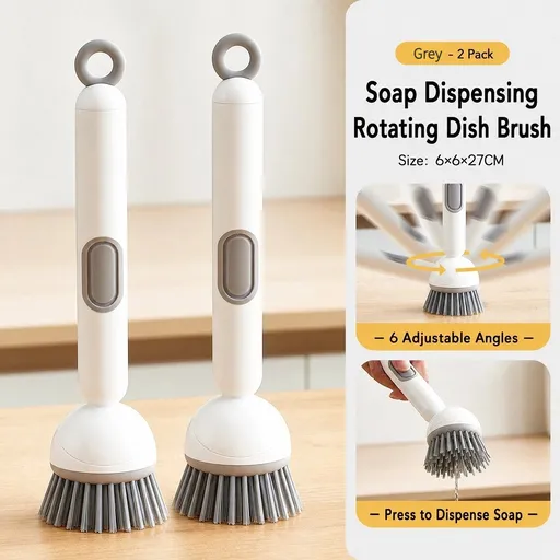 2pcs Home Refillable Rotating Pot Brush: One-Press Liquid Dispensing, 360° Rotating Head, Fine PET Bristles for Powerful Cleaning Without Scratching, Long Handle to Keep Hands Clean, Hangable for Hygienic Storage。(GREY)