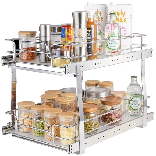 2 Tier Pull Out Cabinet Organizer 14"x21"x15" Heavy Duty Slide Out Pantry Shelves Steel Roll Out Drawers Sliding Storage Rack Silver