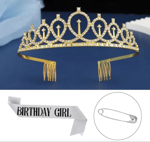 2-piece Golden and Silvery Birthday Girl Tiara and Sash Set - Elegant Rhinestone Alloy Crown with , Glitter "BIRTHDAY GIRL" Sash & Safety Pin - Perfect Princess Party Accessory for Women and Girls