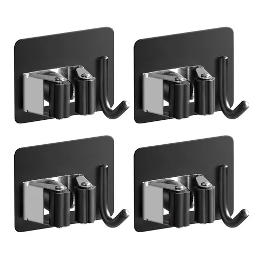 5 pcs Mop Broom Holder No Drill, Mop Broom Organizer Wall Mounted Heavy Duty with Hooks Hanger, Self Adhesive Stainless Steel
