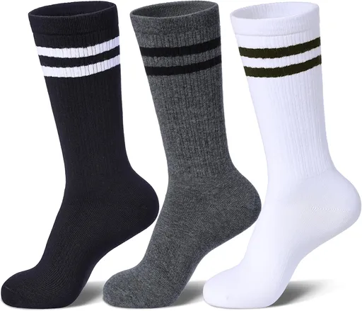 Womens Striped Socks Cotton Athletic Running Chioned Calf Socks Casual School Style 3 Pairs